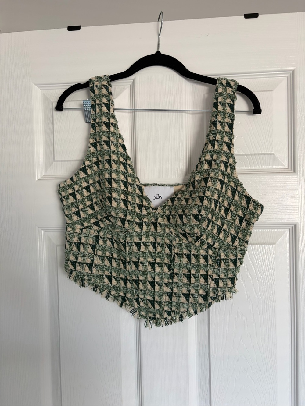 Yellow the label medium Green and Cream Tweed Cropped Tank Top